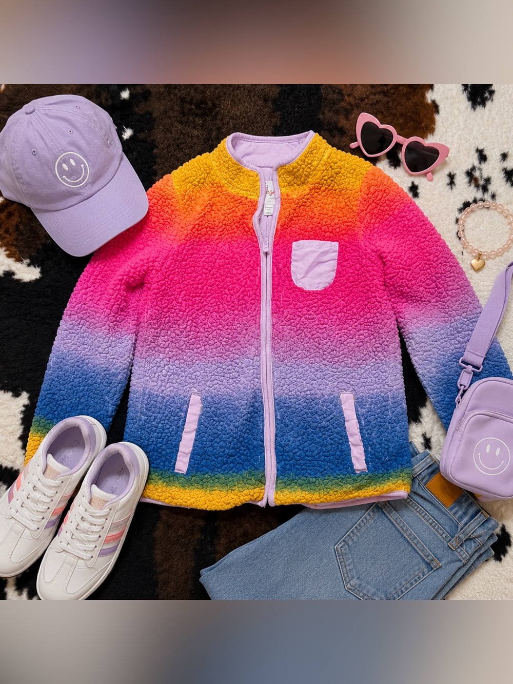 Cat & Jack Girls XL 14/16 Rainbow Ombré Sherpa Fleece Full Zip Jacket
